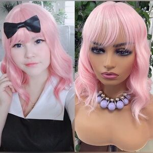 14" Pastel Pink Short Wavy Wig with Bangs Shoulder Length